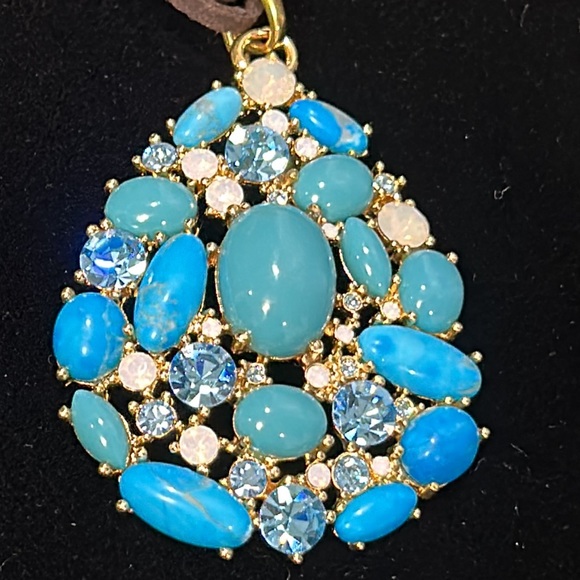 #4 Vintage Joan Rivers Pendant, Turquoise & Crystals Set in Gold,17" + 3" - Picture 1 of 9